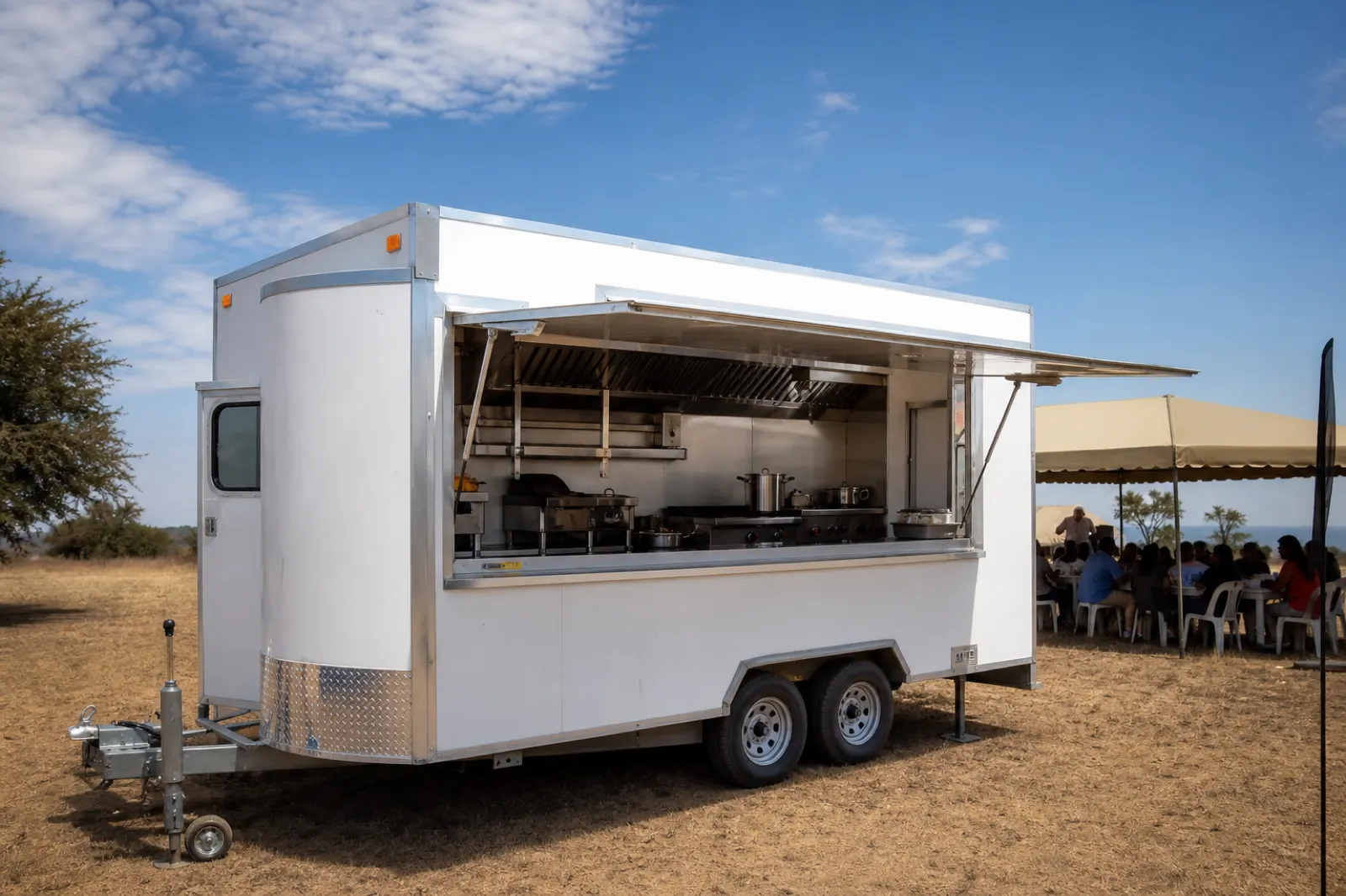 Mobile catering kitchen trailer in outdoor operation